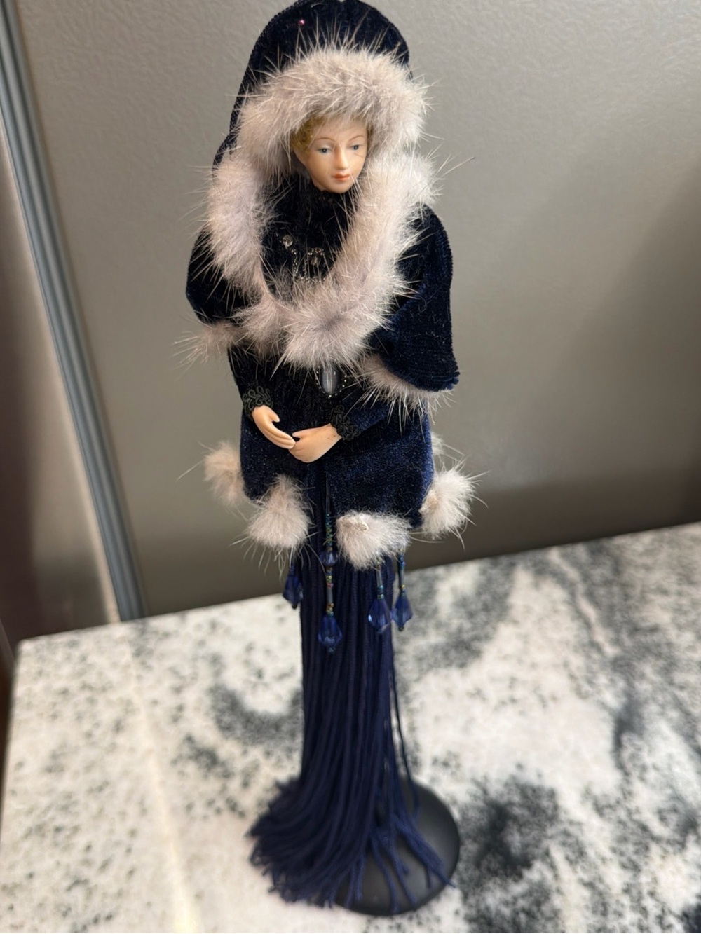 Decorative collectible Navy Blue Hooded Velvet Figurine with Faux Fur Trim